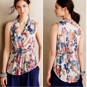 Anthropologie Sunday in Brooklyn Sz M Edria Surplice Top Tie Waist Floral Print
